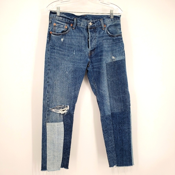 Levis women US 28 x 27 multicolor blue jeans 501 button fly patchwork raw hem - Picture 2 of 15